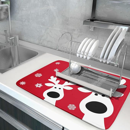 Christmas Dish Drying Mat for Kitchen Counter Cute Reindeer Winter Microfiber