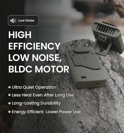 Claymore Clip Fan Khaki ??Portable Rechargeable Neck Waist Wearable Fan with 5200mAh Battery, 5-Speed Quiet BLDC Motor, Hands-Free Neck Strap Design, USB-C Charging Camping, Hiking, Outdoor Use