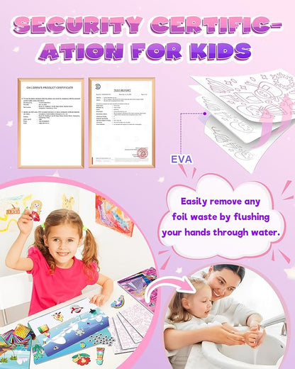 Baobrava Foil Art Fun Kit for Kids - DIY Toy Unicorn Princess Foil Art Craft Activity for Kids, Foam Stickers Fun Craft Kits & Supplies, Creative Christmas Birthday Gifts Travel Toys for 4 and Up
