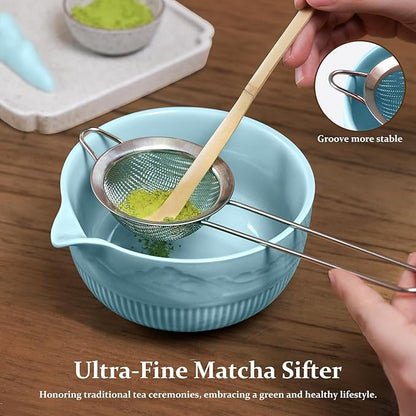 7PCs Pink Matcha Whisk Set Traditional Japanese Matcha Kit with Whisk and Bowl Matcha Making Accessories Bamboo Chasen Tea Spoon Holder Sifter Tea Towel Ceremony Macha Tea Set for Beginners