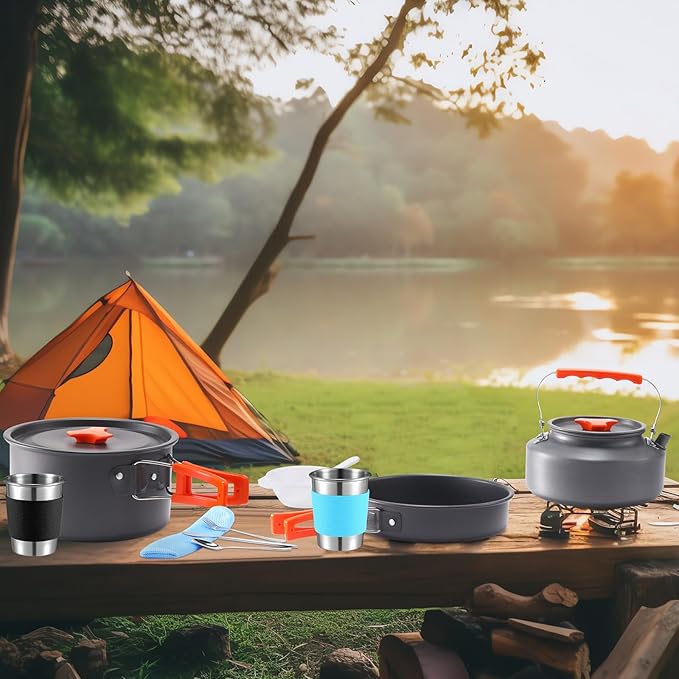 Soulchen 25 Pcs Camping Cookware Mess Kit Camping Pots and Pans Set with 2 Set Stainless Steel Cups Plates Forks Knives Spoons for Camping, Backpacking, Outdoor Cooking and Picnic