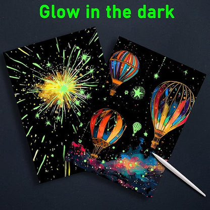 Georgie Porgy Scratch Paper Art Set for Kids Adults Magic Rainbow Painting Boards for DIY Arts and Crafts Kits Christmas Birthday Gift with Scratching Tools Kit (Glow in The Dark Fireworks + Balloon)