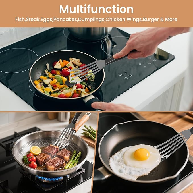 2Pack Silicone Fish Spatulas for Nonstick Cookware,Fish Turner Spatula Stainless Steel with Heat Resistant Silicone Edge,Metal Slotted Spatula for Flipping Fish Egg Patties Fries Pancake Steak (Black)
