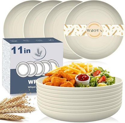 Wrova Large Wheat Straw Dinner Plates - 11 Inch Set of 8 - Unbreakable, Dishwasher & Microwave Safe - Deep Edge for Kitchen & Camping (Beige)