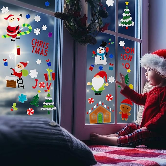 6 Sheet Christmas Window Clings Gel,Snowman,Gingerbread Man,Christmas Tree, Santa Claus, Snowflakes, Christmas Stickers for Glass Windows, Window Clings Christmas Decorations