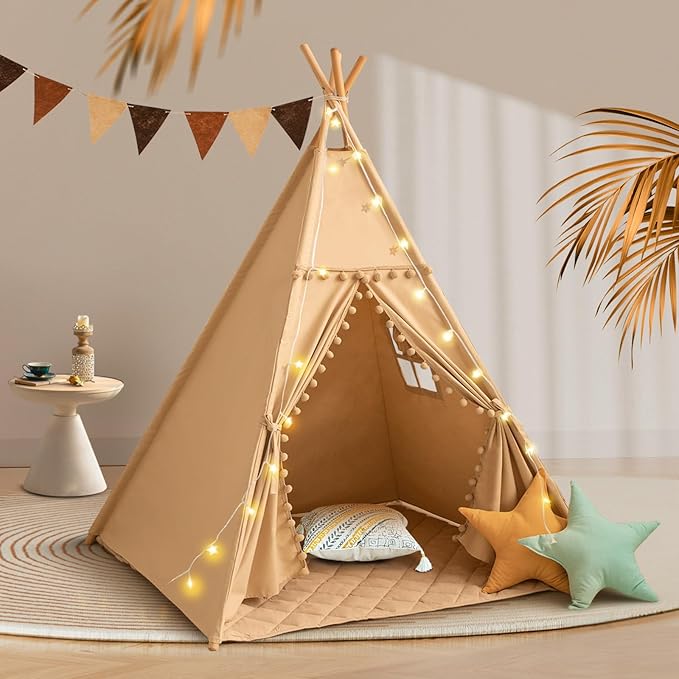 Teepee Tent for Kids with Mat, Cotton Canvas Kids Teepee with Pompom for Toddlers Indoor Play Tent for Girls Boys with Stars Lights, Carry Bag, Banner Flag (Khaki)