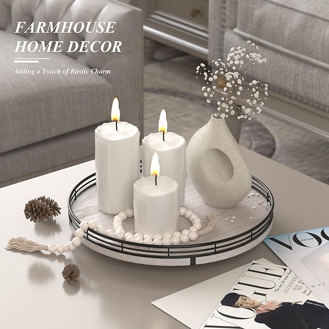 12" Farmhouse Lazy Susan for Kitchen & Coffee Table Decor – Rustic Whitewashed