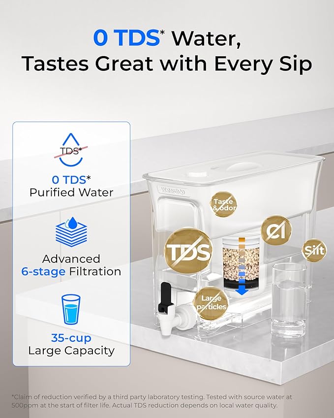 Waterdrop 0 TDS 35-Cup Slim Water Filter Dispenser, Large Capacity, PFOA/PFOS