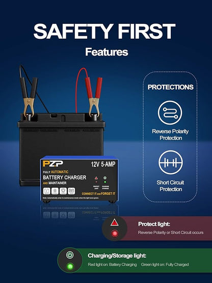 12v Smart Car Battery Charger, 5Amp Fully-Automatic Trickle Charger, Battery