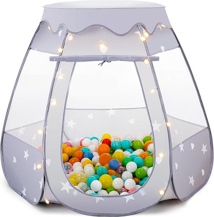 Baby Ball Pit for Toddler: with Star Lights - Pop Up Princess Play Tent for Kids - Indoor Outdoor Baby Girl Toys Birthday Gifts - NO Balls (Gray Tent)