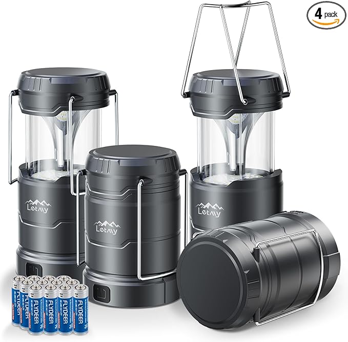 LETMY LED Camping Lantern for Power Outages, 3 Color Modes & Dimmable Battery Powered Lantern, IPX4 Waterproof & Collapsible, Lanterns Flashlight Survival Kits for Emergency Hurricane Hiking, 4 Pack