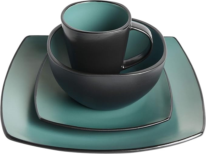 Gibson Elite Soho Lounge Square Reactive Glaze Stoneware Dinnerware Set, Service for 4 (16pc), Matte Jade