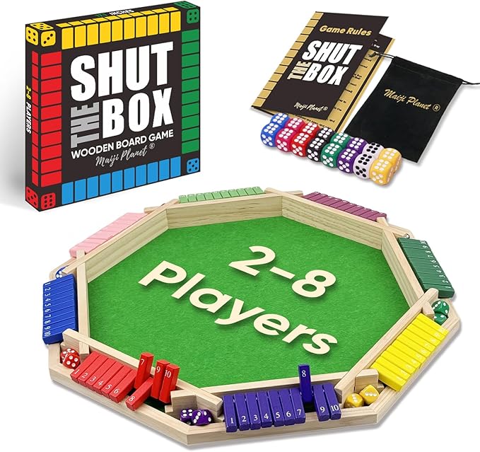 Deluxe 2-8 Player Original Shut The Box Game, Math Dice Board Game for Family Night Classroom Travel, Wooden Classic Table for Group Kid Adult Senior Travel Party Bar Easy Quick and Fun