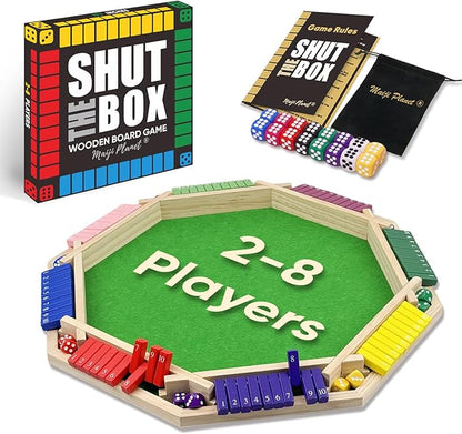 Deluxe 2-8 Player Original Shut The Box Game, Math Dice Board Game for Family Night Classroom Travel, Wooden Classic Table for Group Kid Adult Senior Travel Party Bar Easy Quick and Fun