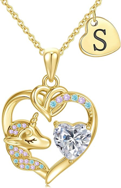 C-leen Unicorn Gifts for Girls Kids - Colorful CZ Heart Initial Necklaces Unicorn Necklace for Girls Jewelry Christmas Birthday Gifts for Little Girl