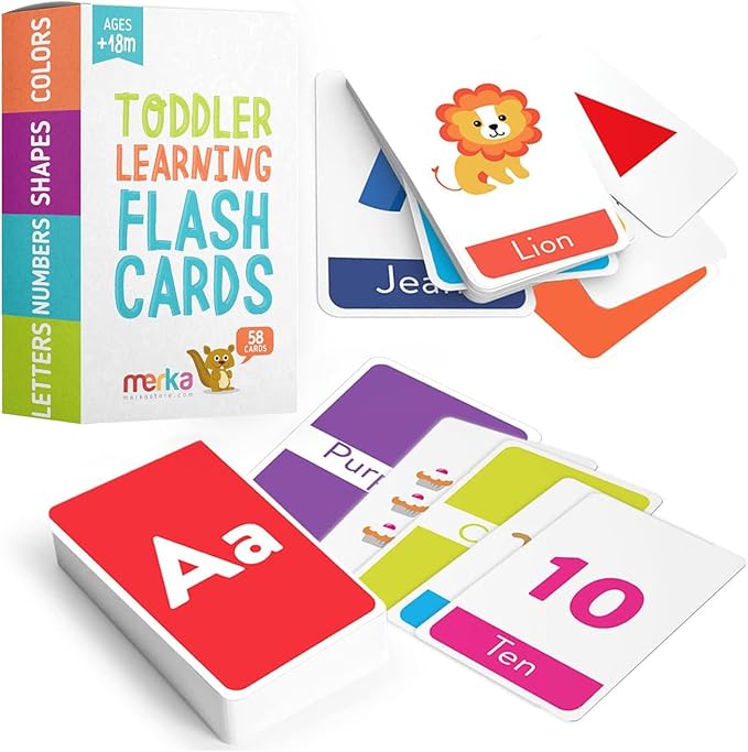 Merka Toddler Flash Cards, Set of 58 Alphabet, Letters, Colors, Shapes, and Numbers - Educational Preschool Flashcards, Double-Sided for 1-4 Years Old - Toddler Learning Activities