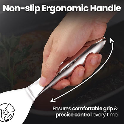 Stainless Steel Fish Spatula Set – Funky Fish Edition, 1 Large Fish Turner + 1 Small Metal Spatula, Ultra Thin Edge for Easy Turning & Flipping, Ergonomic Non-Slip Handle, Dishwasher Safe
