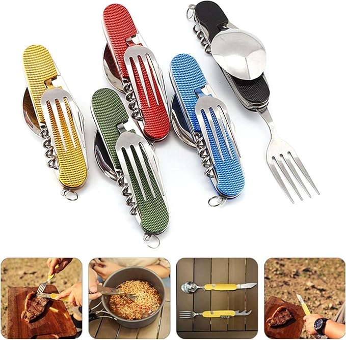 Cluck 6-in-1 Multi-Function Camping Utensil Flatware Set Detachable Spoon Fork Knife Combo Mess Kit with Carrying Pouch (Red + Black)