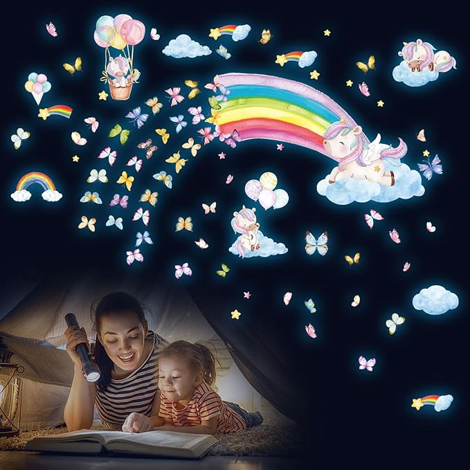Glow in The Dark Large Rainbow and Unicorn Wall Decals,Glowing Luminous Star Butterfly Wall Stickers Removable Rainbow Unicorn Decals for Girls Bedroom Baby Nursery Living Room Decoration