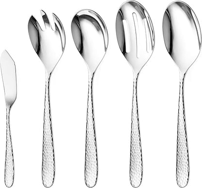 Hammered Serving Utensil Set, 18/10 Stainless Steel Serving Spoons, Salad Servers, Butter Knives, Mirror Finish, Dishwasher Safe, Elegant and Durable (10-Piece Serving Set, Fidenza Hammered)