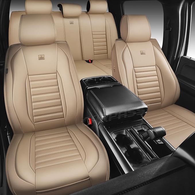 CAR PASS Nappa Leather Car Seat Covers Full Set, Luxury Seat Protector for Cars, Waterproof Anti-Slip Car Seat Cushion Armrest Compatible Airbag Universal for Sedan SUV Pick-up Truck Automotive, Beige