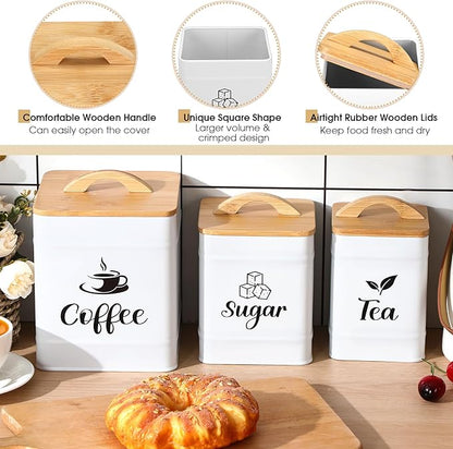 Maxdot 3 Set Coffee Sugar Tea Containers, Square Airtight Kitchen Canisters