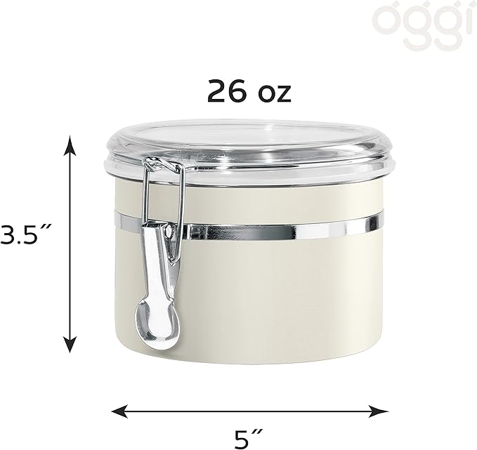 Oggi Stainless Steel Kitchen Canister 26 fl oz, Gray - Airtight Clamp Lid, Clear See-Thru Top - Ideal for Kitchen Storage, Food Storage, Pantry Storage. Size 5" x 3.5".