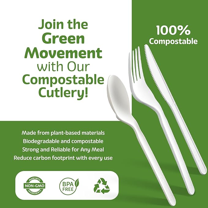 100% Compostable PLA Combo Cutlery Set Disposable Plastic Forks Spoons Knives 400 Pcs Biodegradable Utensils