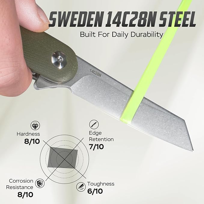 Folding Pocket Knife, 2.79??14C28N Steel Blade Micarta Handle Flipper Liner Lock Small Praxis EDC Folding Knife, Sharp Camping Outdoor Survival Knives for Men Women (Green)