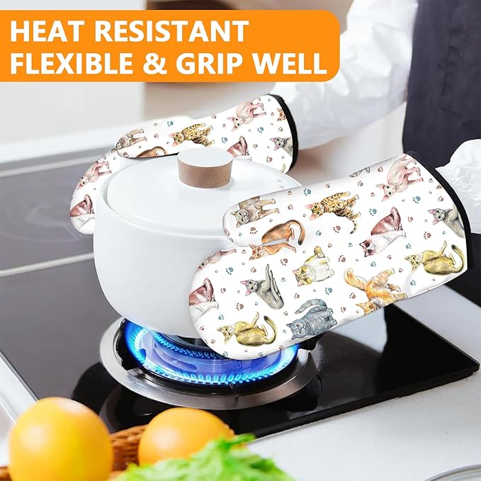 Cute Cats Oven Mitts and Pot Holders Sets 4Pcs, Extra Long Oven Gloves Potholder