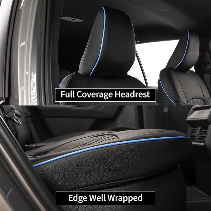 EKR Rav4 Seat Covers Custom Fit for Toyota Rav4 (Hybrid) SE/XSE & (PHEV) GR SPORT 2026, Car Seat Cover Full Set for Suv,Factory-Style Upgrade, Easy-Wipe Protection,Faux Leather(Black with Blue Piping)