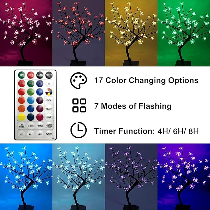 LIGHTSHARE 18 Inch Cherry Blossom Bonsai Tree, 48 LED Lights, RGB with Remote Control, 16 Color-Changing Modes, 24V UL Listed Adapter Included, Metal Base Ideal As Night Lights