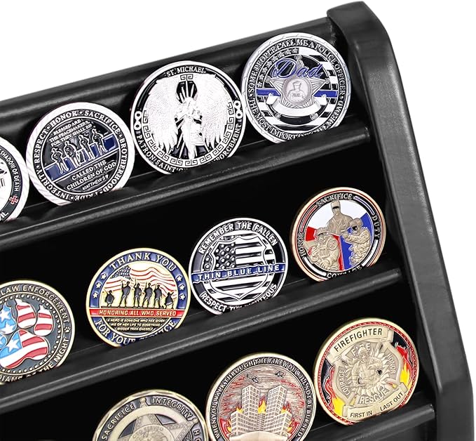 3 Rows Military Challenge Coin Display Case Wall Mount Wooden Army Coin Holder Stand Rack, Holds 21-24 Coins, Black