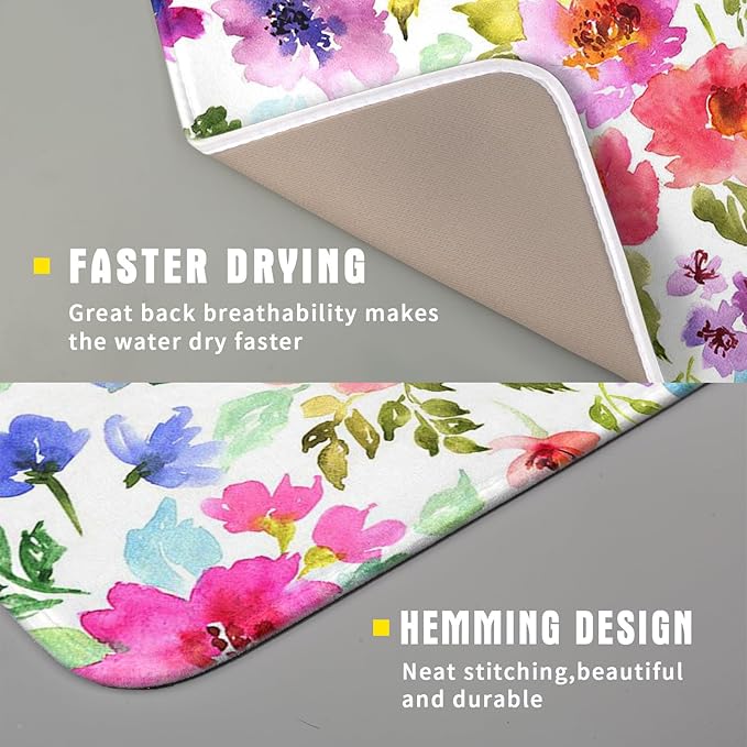 Spring Floral Dish Drying Mat for Kitchen Counter Flower Microfiber Absorbent