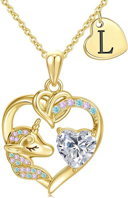 C-leen Unicorn Gifts for Girls Kids - Colorful CZ Heart Initial Necklaces Unicorn Necklace for Girls Jewelry Christmas Birthday Gifts for Little Girl