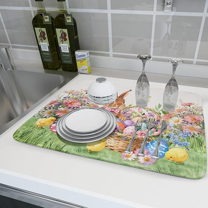 Easter Rabbit Eggs Dish Drying Mat