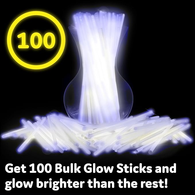 PartySticks Glow Sticks Party Supplies 100pk - 8 Inch Glow in The Dark Light Up Sticks Party Favors, Glow Party Decorations, Neon Party Glow Necklaces Glow Bracelets Connectors (White) (TN-1224962)