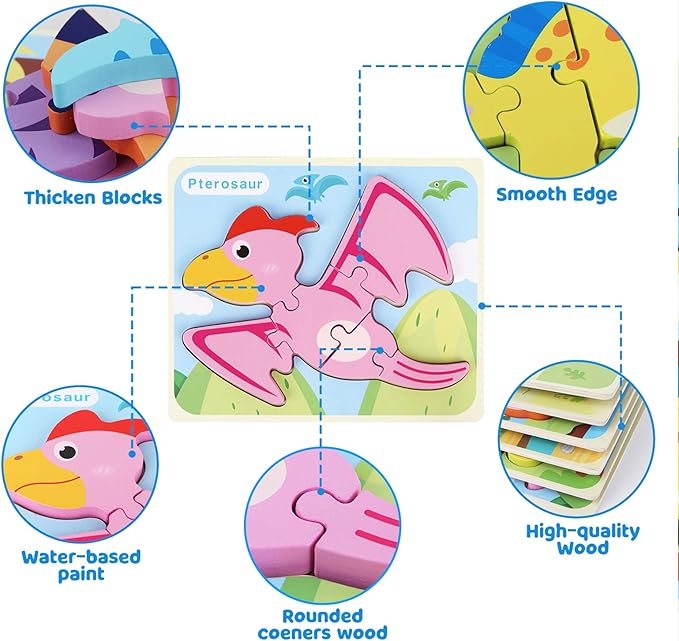 SYNARRY 6 Pack Dinosaur Wooden Puzzles for Kids 3-5, Wooden Puzzles for Toddlers, Dinosaur Puzzles for Toddlers 3 4 5 Year Old, Educational Preschool Puzzles Toys Gifts for Boys Girls