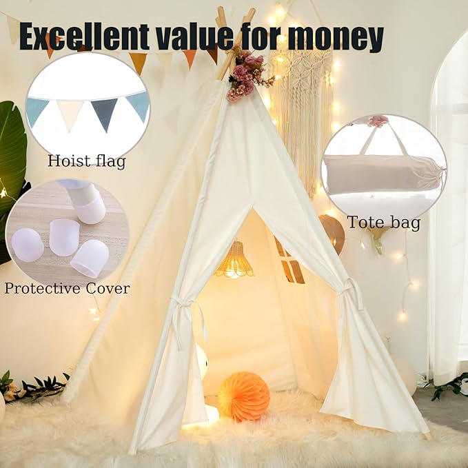 Teepee Tent for Kids-Portable Children Play Tent Indoor Outdoor (White)