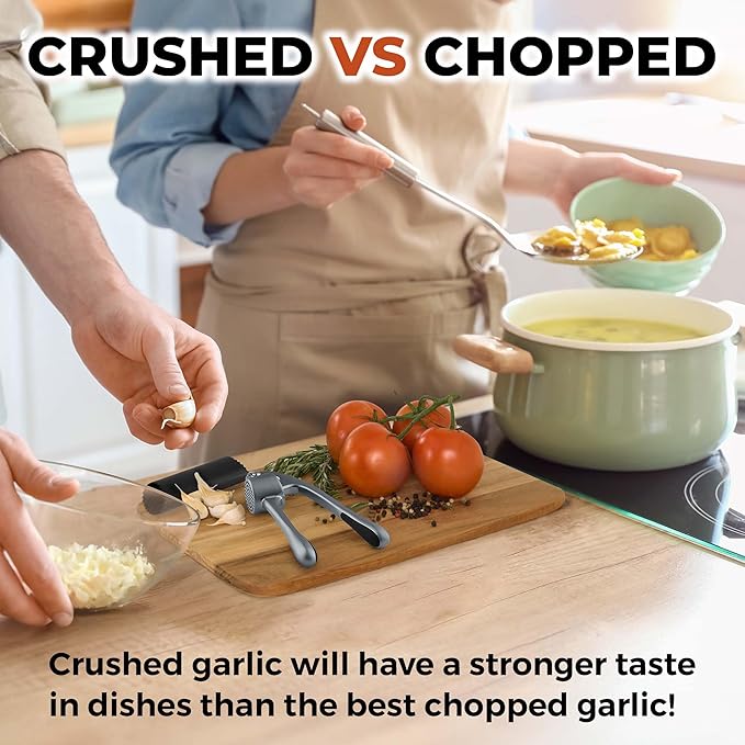 Zulay Kitchen Large Premium Garlic Press Set - Bigger Bowl for Bigger Garlic - Rust Proof & Dishwasher Safe Garlic Mincer Tool - Easy-Squeeze, Easy-Clean Silicone Garlic Peeler & Brush (Slate)