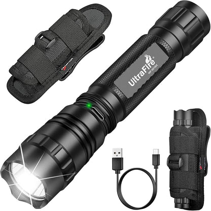 ULTRAFIRE Tactical Flashlight with Holster for Duty Belt, 1000 High Lumen Police Flashlight with Belt Holster, Rechargeable Law Enforcement Flashlight, 3 Modes Security Flashlights WF-501BX
