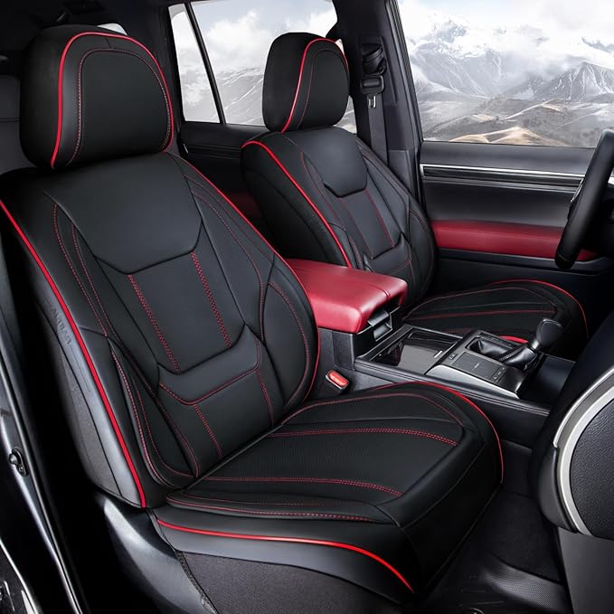 Coverland Custom Truck Car Seat Covers Front Seats for [2010-2014 F150 SVT Raptor SuperCrew Cab] - Protector Water Resistant Leather Memory Form Seat Cushion [Front - Black with Red Stitching]