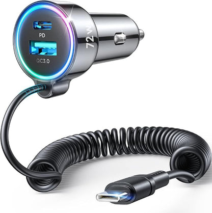 72W Car Charger USB C for iPhone 17/16, 36W Super Fast Charging Type C Coiled Cable for iPhone 17/16 Pro Max Plus/Samsung S25/S24/S23/Pixel 10 Car Phone Charger Adapter for Pixel/Android, iPad Pro