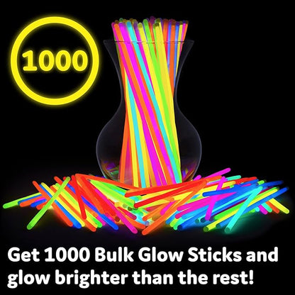 PartySticks Glow Sticks Party Supplies 1000 pack - 8 Inch Glow in The Dark Light Up Sticks Party Favors, Glow Decorations, Neon Party Glow Necklaces and Bracelets with Connectors