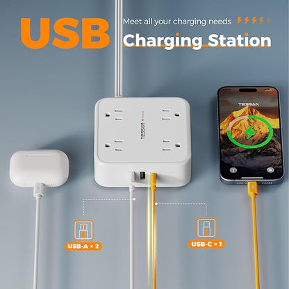Surge Protector Power Strip, TESSAN 15 FT White Extension Cord Flat Plug