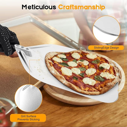 Pizza Peel, Pizza Paddle 12 Inch, Pizza Spatula with Oven Gloves, Space-Saving & Easy-to-Clean, Pizza Oven Accessories