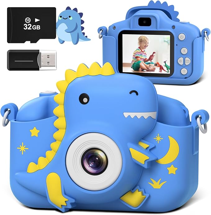 Kids Camera, Dinosaur Toddler Digital Camera for Boys Girls, Christmas Birthday Gifts, Selfie 1080P Camera for 3 4 5 6 7 8 9 Years Old Toys Dark Blue