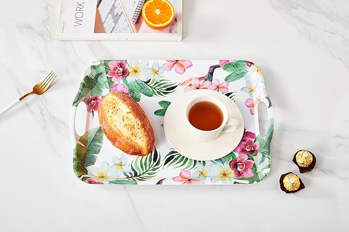 Blue Boat 16.5" x 11.5" Rectangular Melamine Serving Tray Set of 2 Blossom, Light Weight Easy to Clean Sturdy Stackable Serving Tray with Handle, Fruit, Snacks, and Desserts Trays, TV Trays