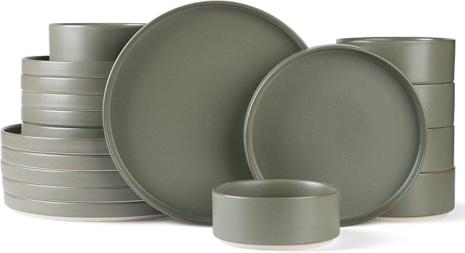 TheTerra Ceramic Dinnerware Sets for 6, 18 Pieces Handmade Reactive Glaze Plates and Bowls Set, Scratch Resistant Dish Set, Oven & Microwave & Dishwasher Safe, Matte Green