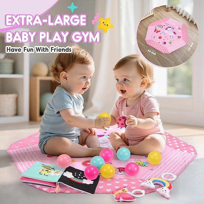 Unicorn Baby Gym Play Mat, 9-in-1 Tummy Time Mat with 7 Baby Toys, Washable Baby Activity Mat for Visual, Sensory, Motor Development, Newborn Baby Toys Gift for Toddler 0-3-4-6-9-12 Months